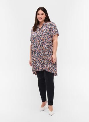 Printed viscose tunic with buttons, Amberglow Flowers, Model image number 2