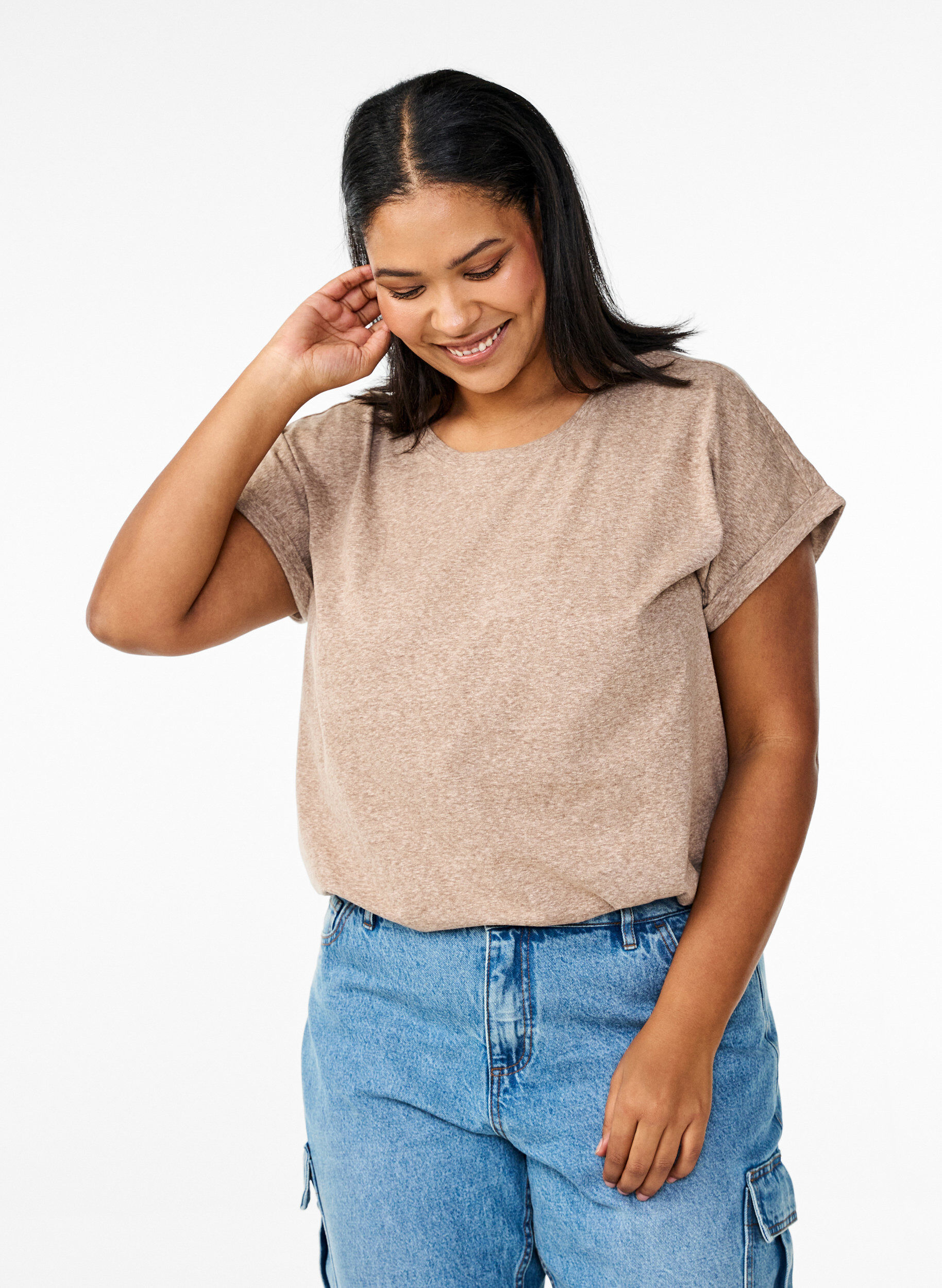 Melange T-shirt with short sleeves, Brown, Model