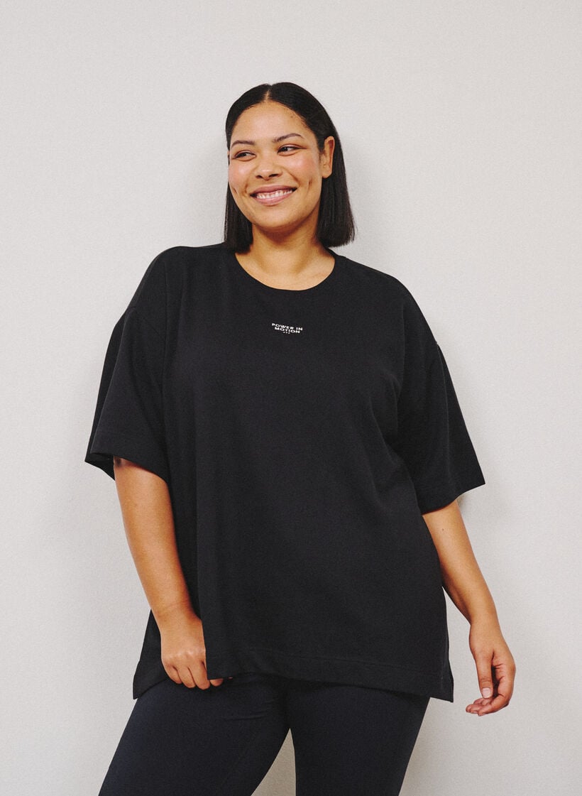 Active T-shirt with a loose fit and embroidered statement, Black, Image image number 0