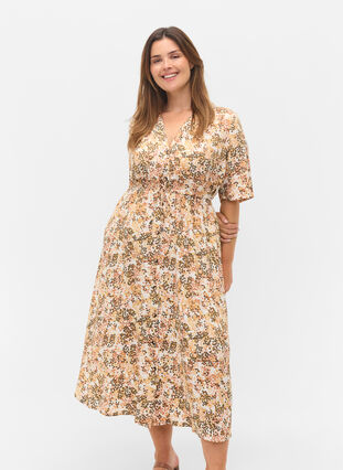 Short-sleeved printed viscose midi dress, Curry Graphic AOP, Model image number 0
