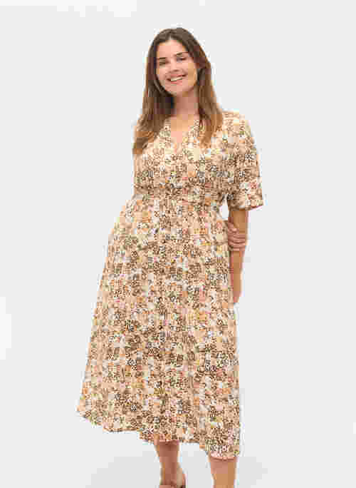 Short-sleeved printed viscose midi dress
