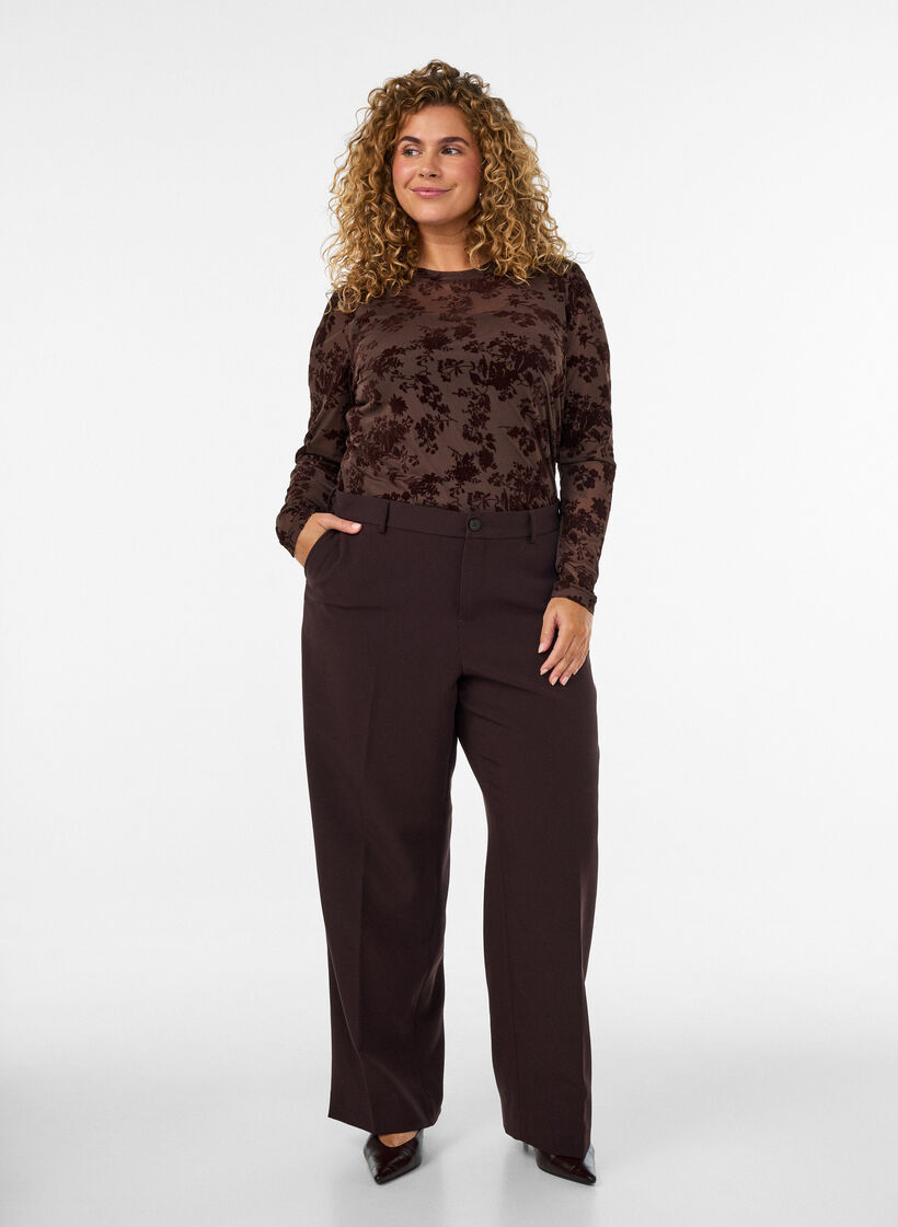 Mesh blouse with floral pattern, Brown, Model image number 1