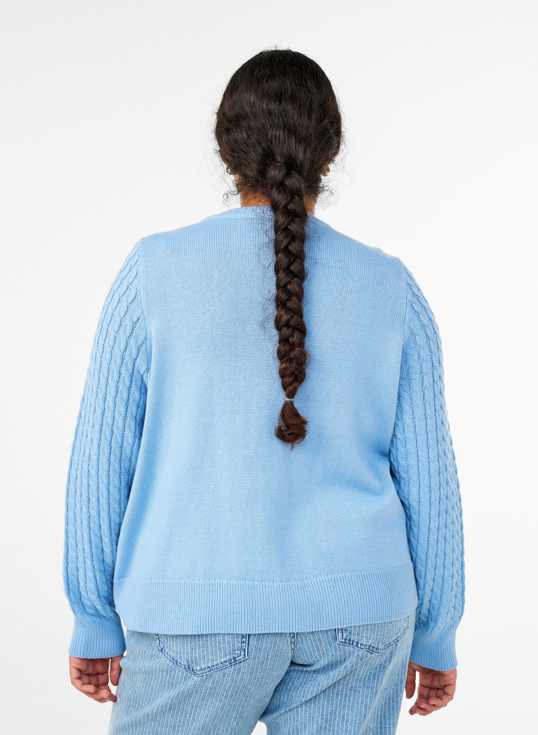 ZizzifashionCable-knit cardigan with golden buttons, Blue, Model image number 2