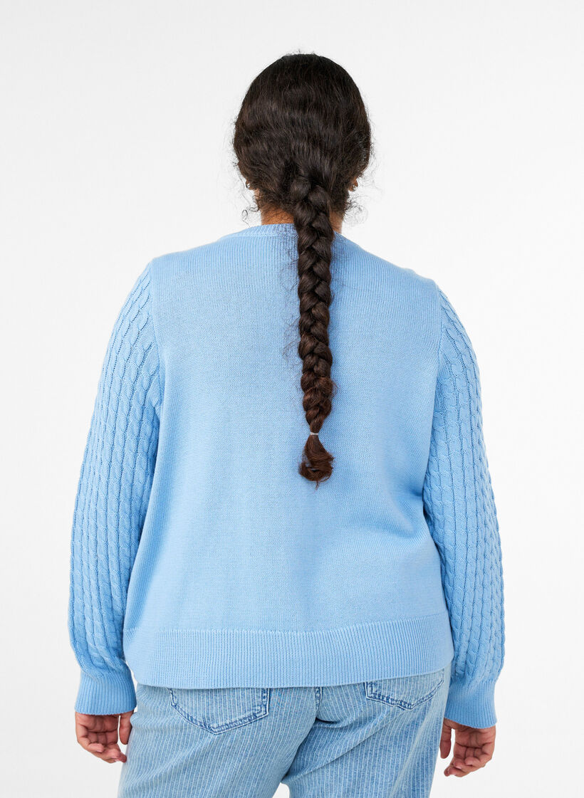 Cable-knit cardigan with golden buttons, Blue, Model image number 2