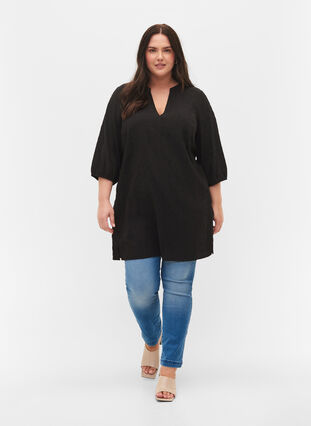 Textured tunic with 3/4 sleeves, Black, Model image number 2