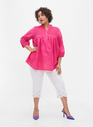 Cotton blouse with 3/4 sleeves and smock, Fuchsia Purple, Model image number 2