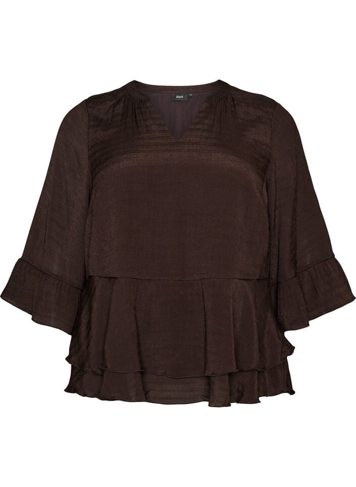 Blouse with 3/4-sleeves and ruffle details, Brown, Packshot image number 0