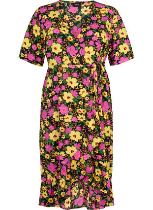 Printed wrap dress with short sleeves , Yellow Pink Flower, Packshot image number 0