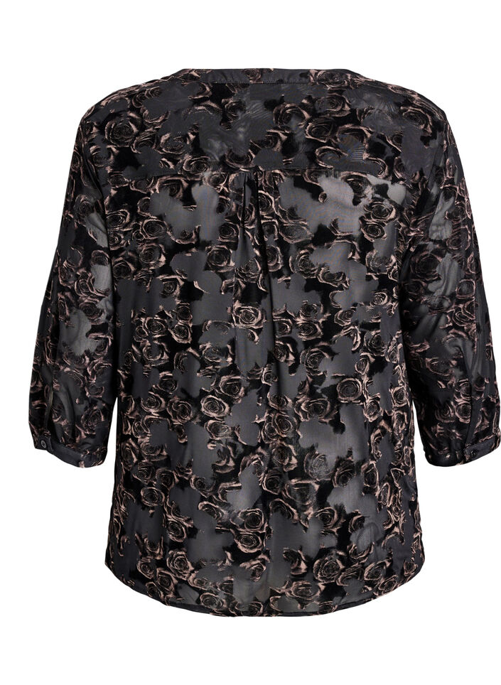 Mesh blouse with velour roses and 3/4 sleeves, Black, Packshot image number 1