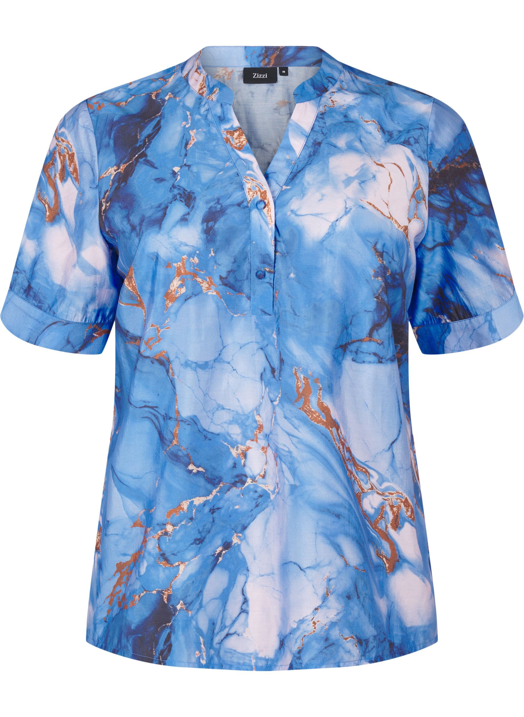Zizzifashion Viscose blouse with marble print and short sleeves, Blue, Packshot image number 0