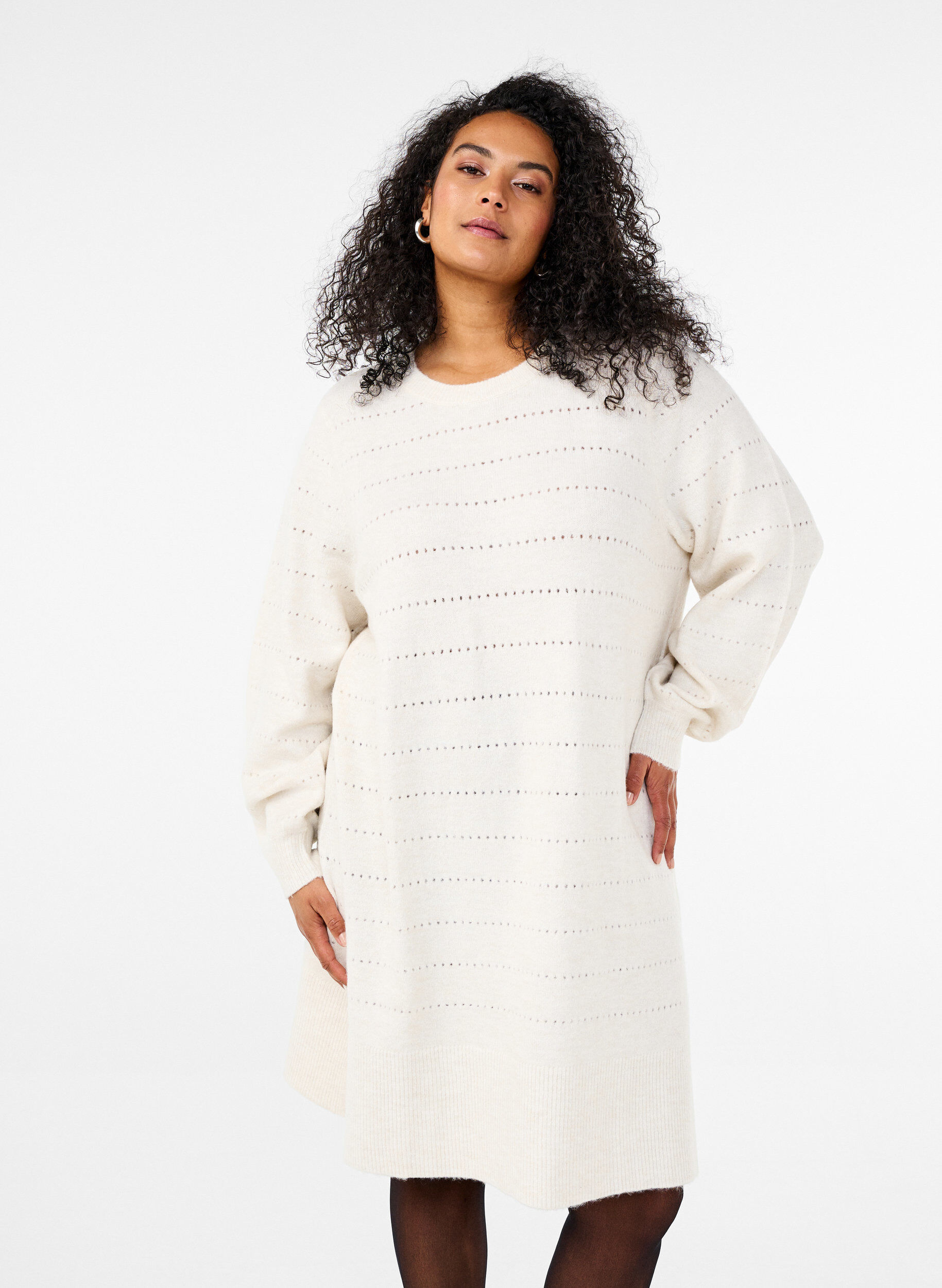 Zizzifashion Knit dress with slits and lace pattern, Birch Mel., Model image number 0