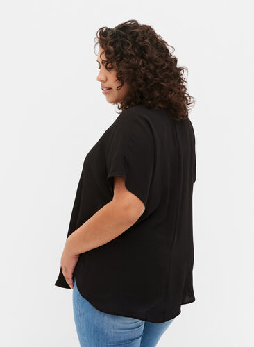 Blouse with short sleeves and a round neckline, Black, Model image number 1