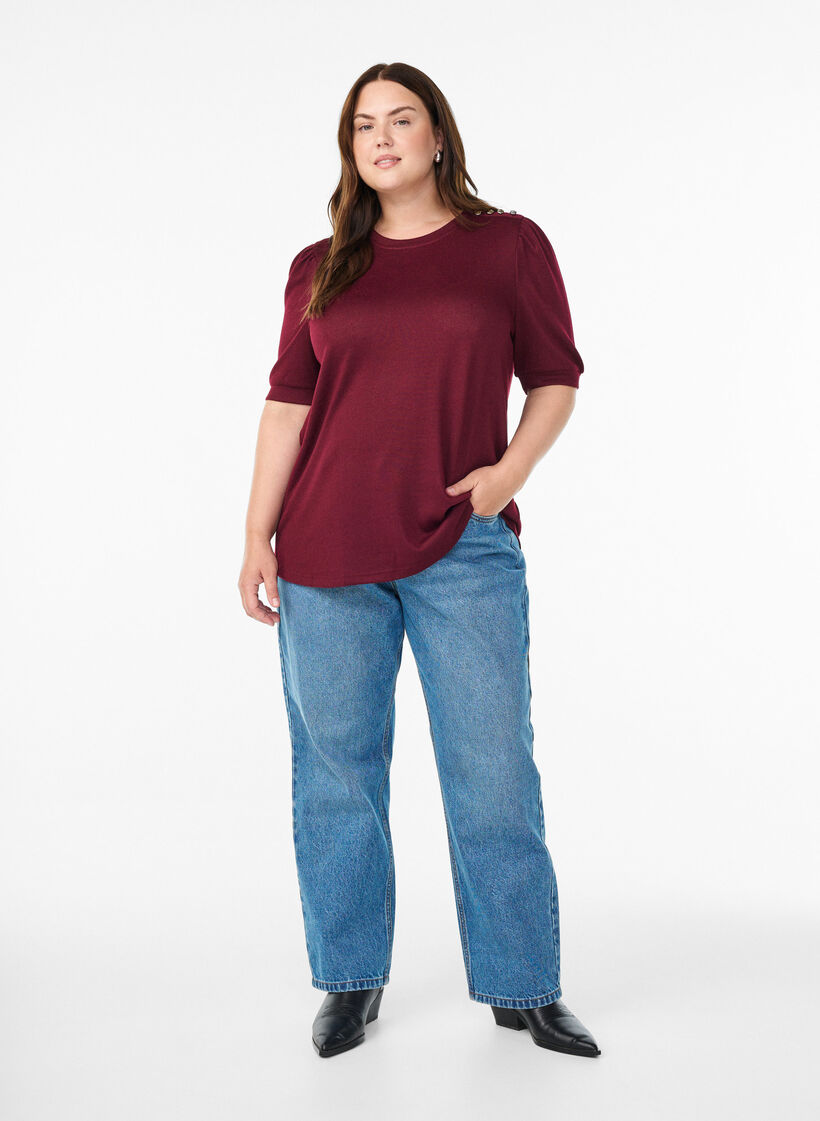 Blouse with button detail and short puff sleeves, Dark Bordeaux, Model image number 1