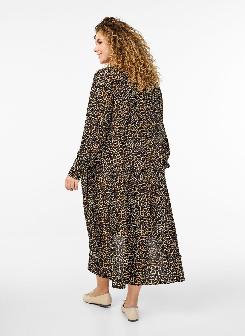 Printed viscose midi dress with long sleeves, Brown, Model image number 1