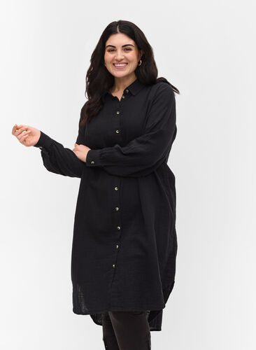 Long cotton shirt with a classic collar, Black, Model image number 0