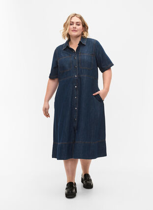 Denim shirt dress with short sleeves, Dark blue denim, Model image number 0
