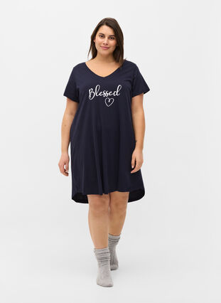 Short-sleeved cotton nightdress with print, Night Sky  Blessed, Model image number 2