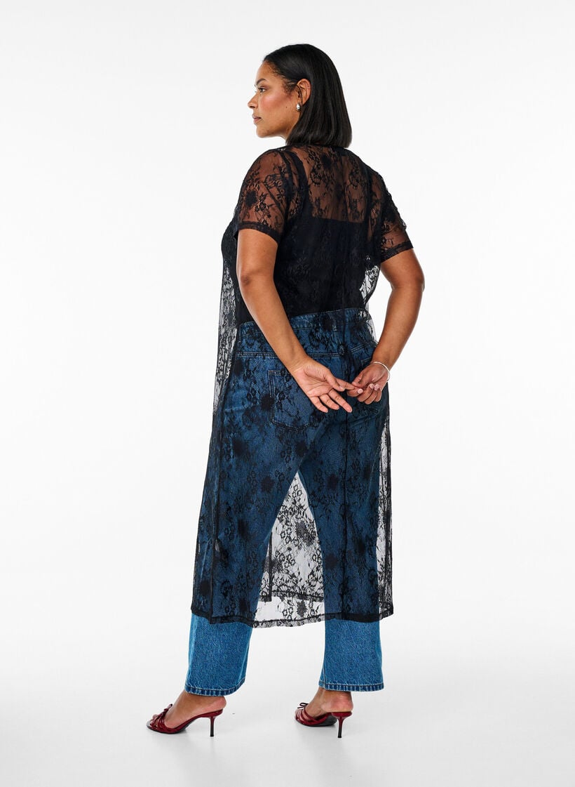 Midi-length lace dress with A-line shape, Black, Model image number 1