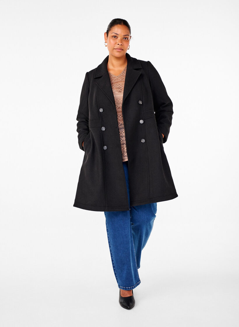 A-line wool coat with pockets, Black, Model image number 1