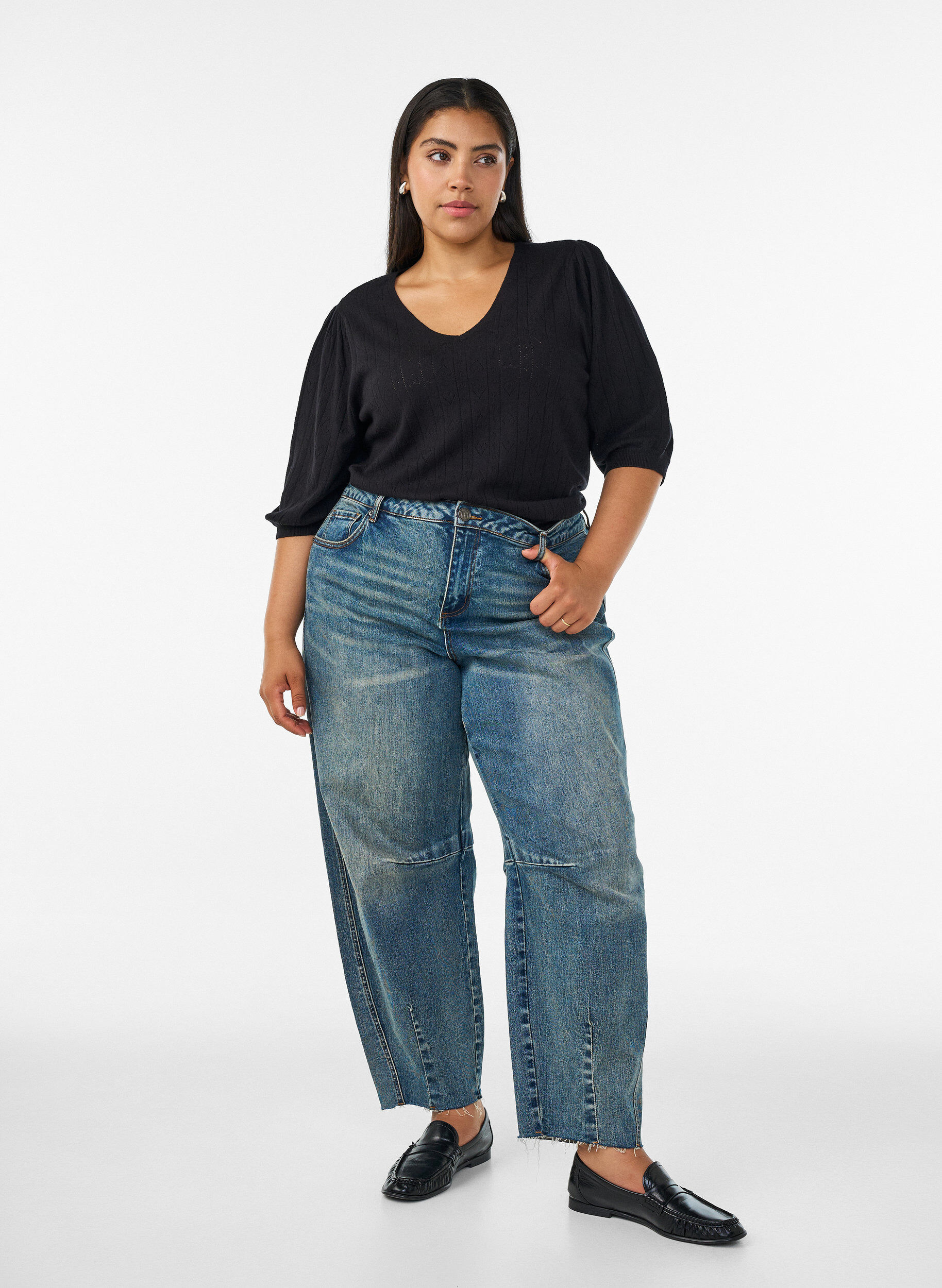 ZizzifashionShort-sleeved knit blouse with a pointelle pattern, Black, Model image number 1