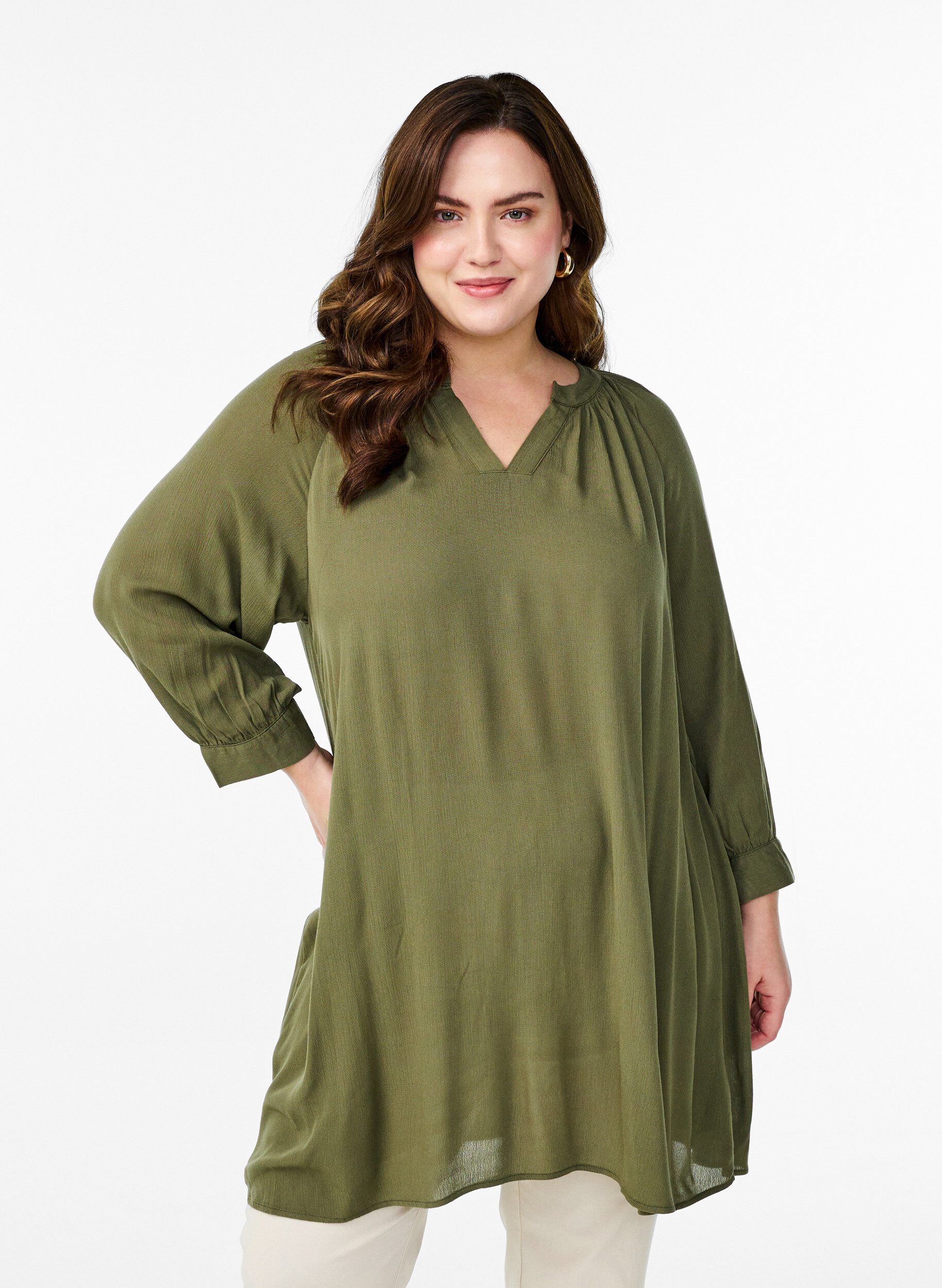 Zizzifashion Tunic with 3/4 sleeves and an A-line cut, Green, Model image number 0