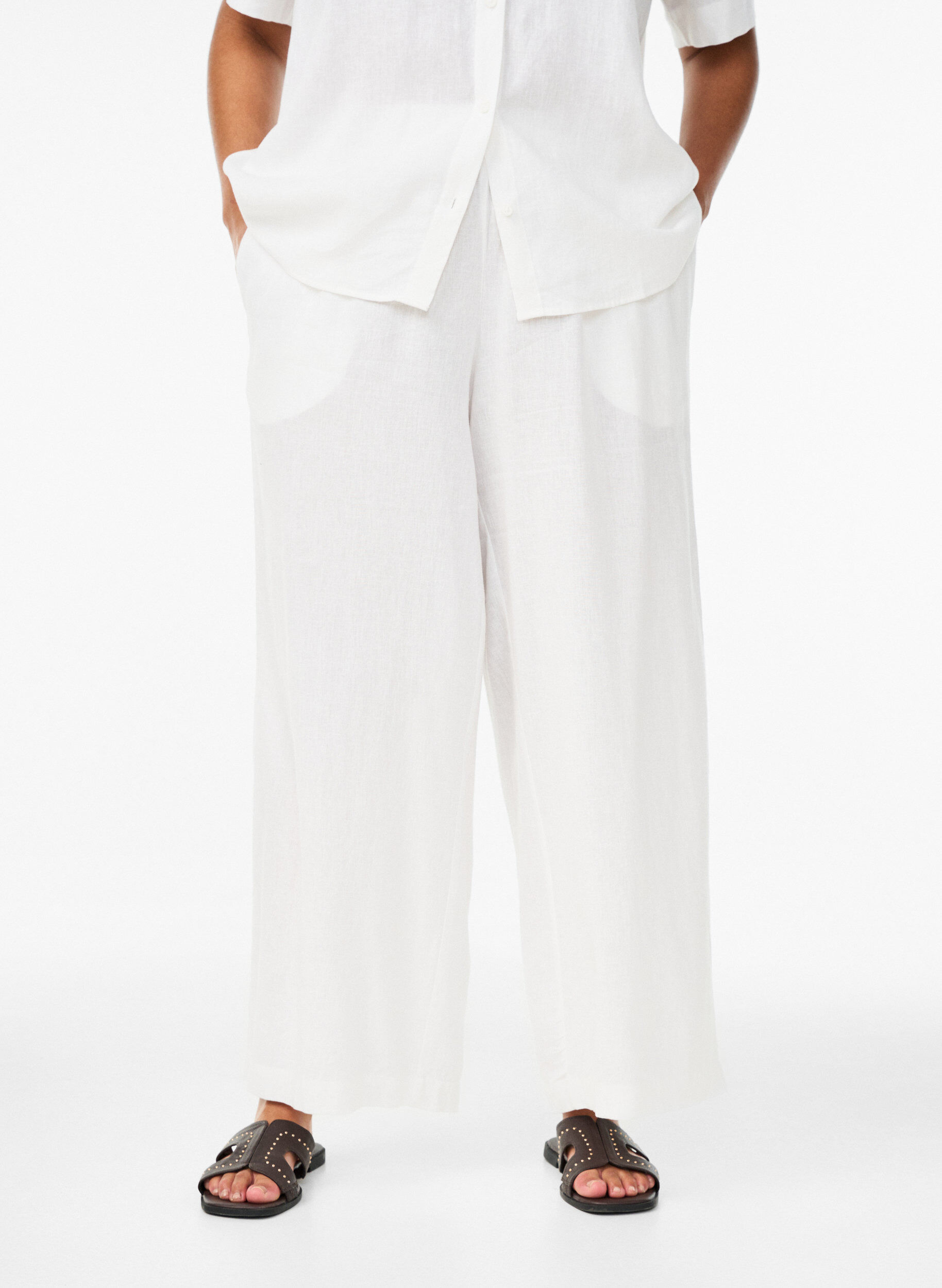 ZizzifashionWide-leg linen and viscose trousers, White, Model image number 2