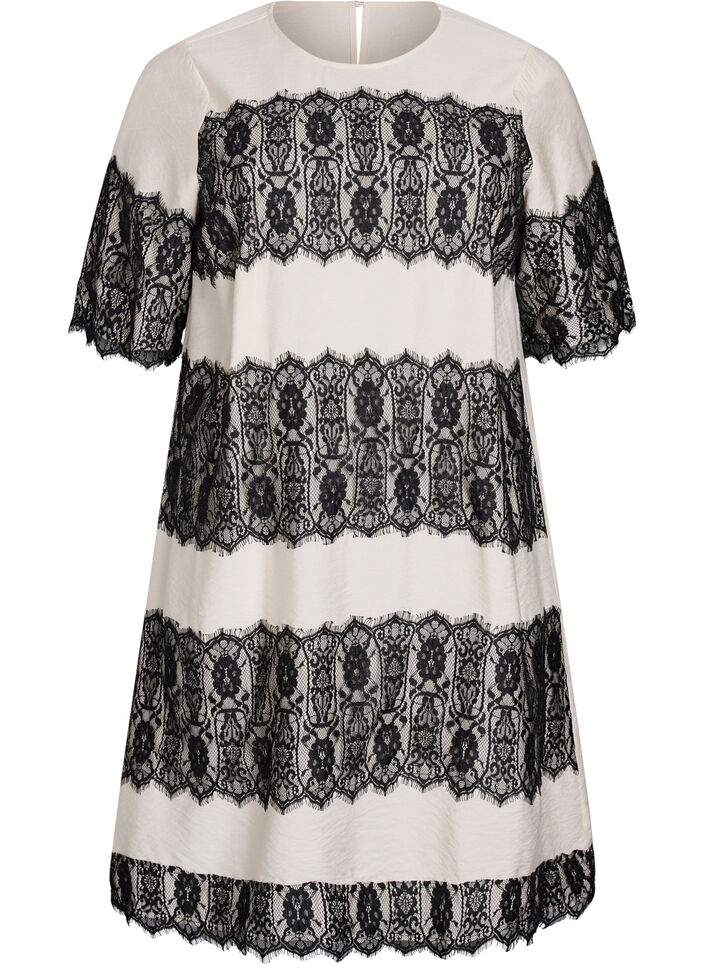 Short dress with contrasting lace panels, Beige, Packshot image number 0