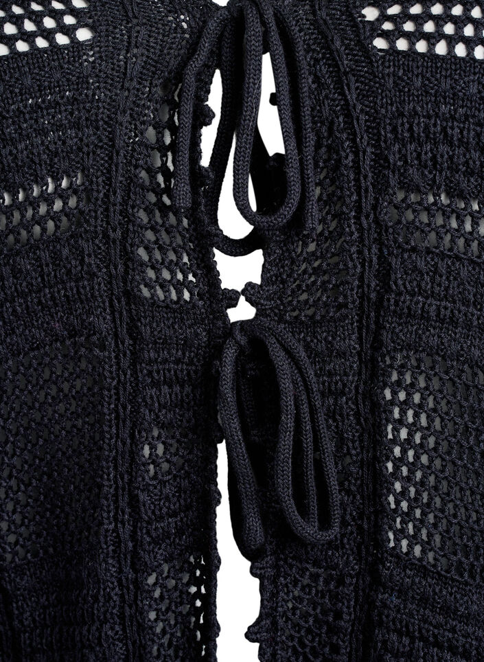 Knitted cardigan with ties and an openwork pattern, Black, Packshot image number 2