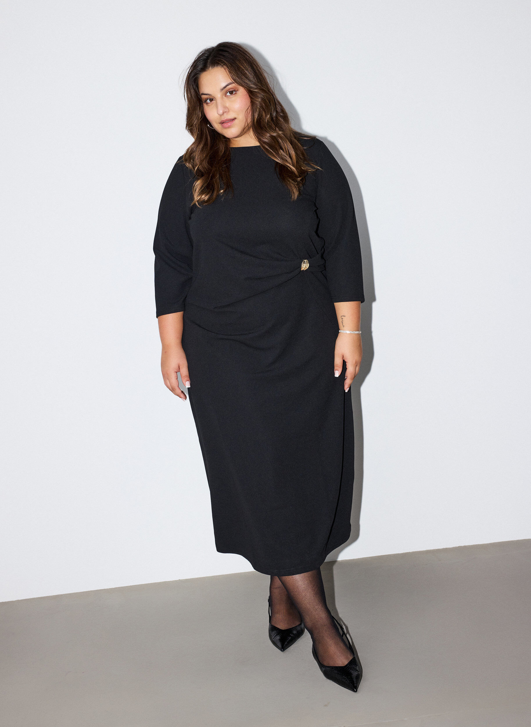 Jersey dress with draping and decorative buckle, Black, Model