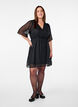 Short dress with batwing sleeves and dotted texture, Black, Model image number 2