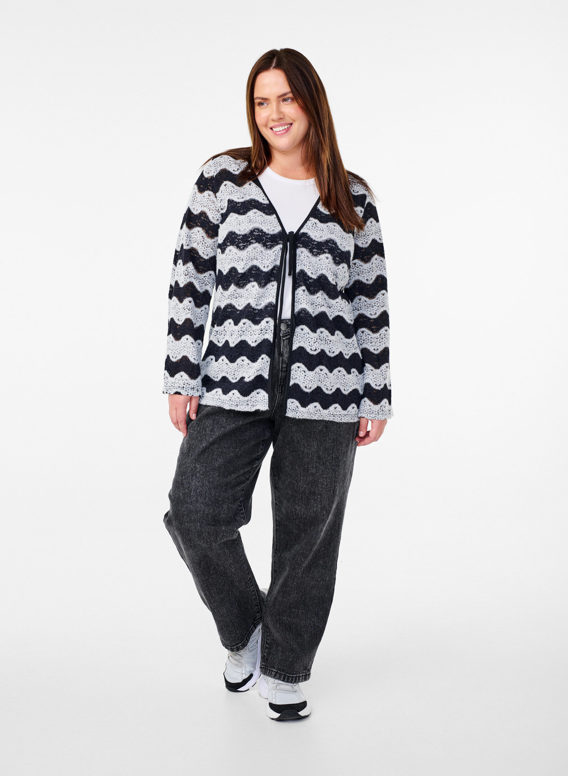 Zizzifashion Knitted cardigan with wave pattern, Black Stripe, Model image number 2