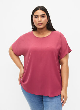 Blouse with short sleeves and a round neckline, Dry Rose, Model image number 0
