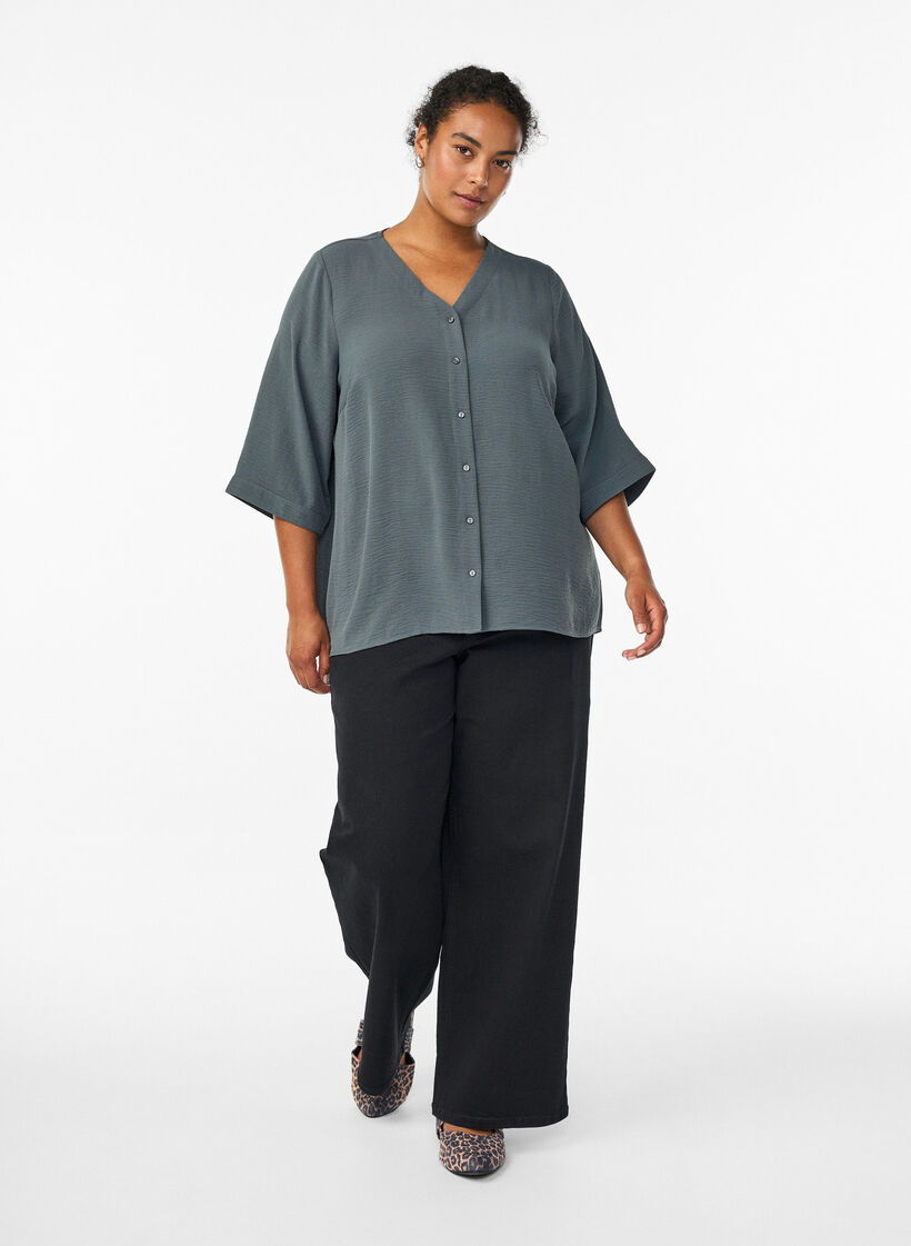 Shirt Blouse with V-Neck and 3/4 Sleeves, Green, Model image number 1