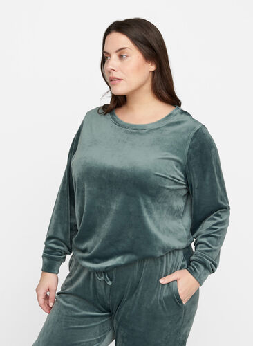 Long-sleeved velour blouse with tie detail, Balsam Green, Model image number 0