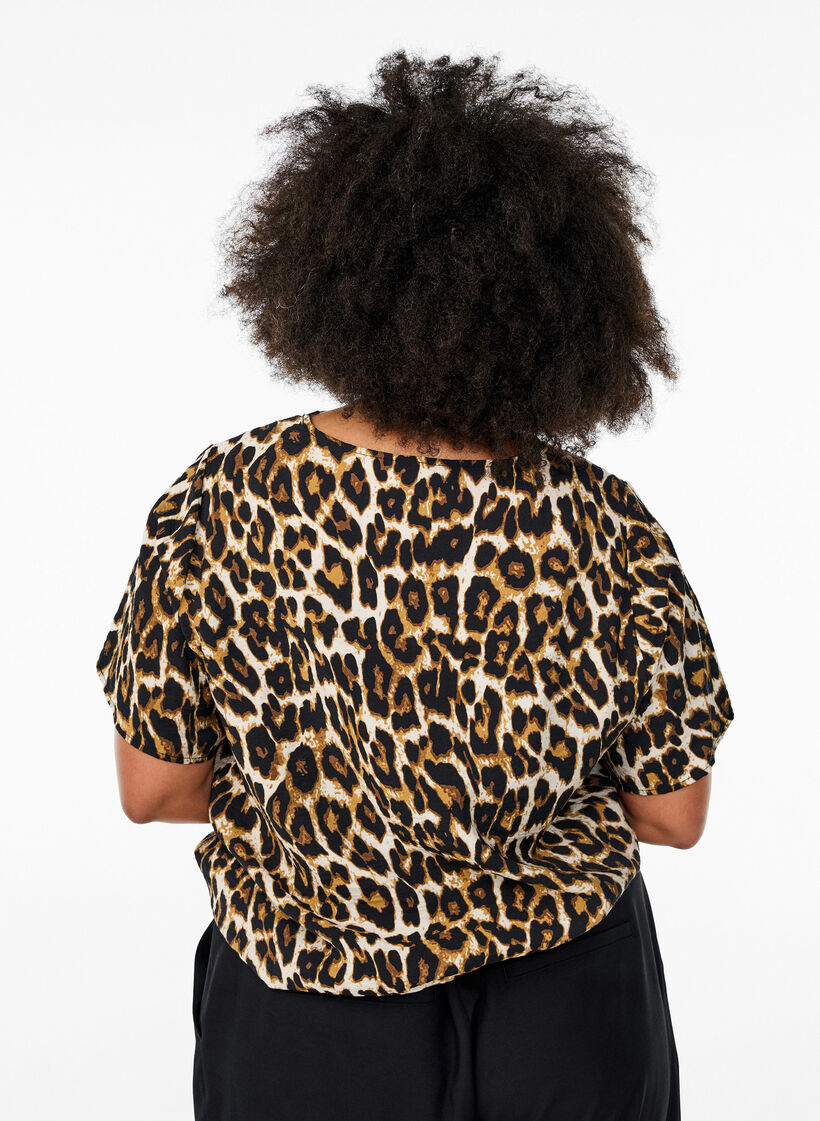 Short-sleeved viscose blouse with lace trim, Brown, Model image number 2