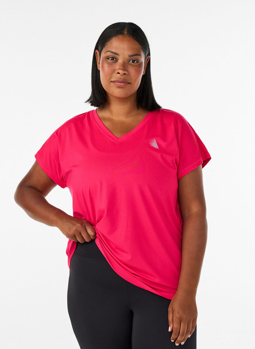 Loose training t-shirt with v-neck, Pink, Model image number 0