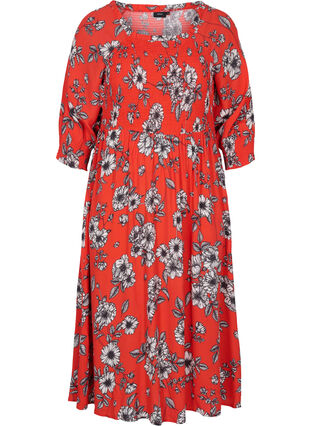 Floral viscose midi dress with smock, Fiery Red Flower AOP, Packshot image number 0
