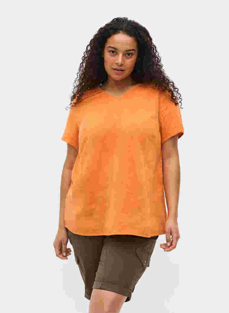 Short-sleeved cotton blouse with lace, Amberglow, Model image number 0