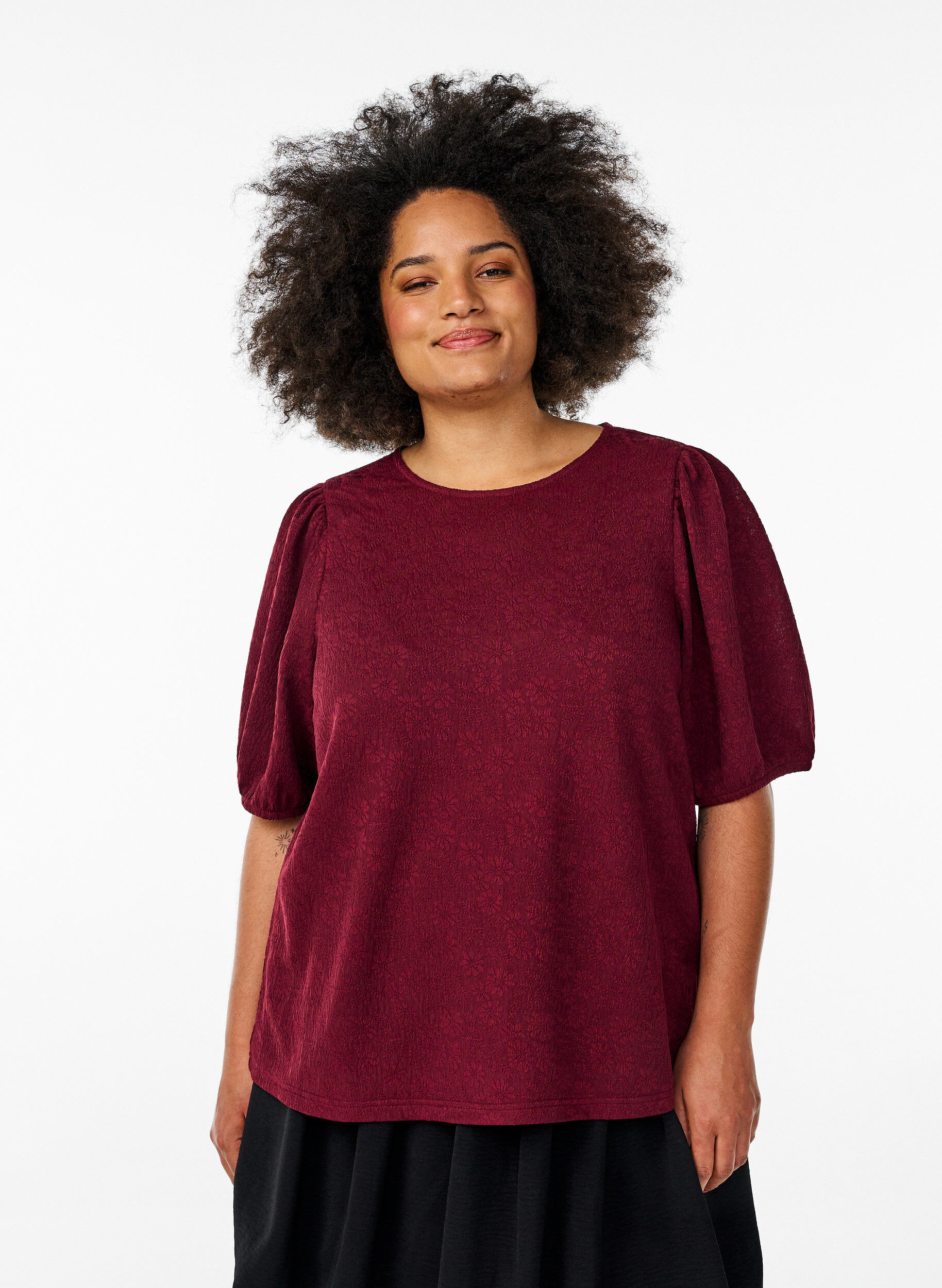 Zizzifashion Structured blouse with short sleeves, Dark Bordeaux, Model image number 0