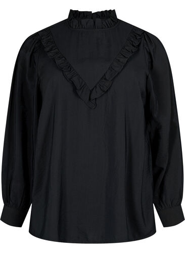 Viscose blouse with frills, Black, Packshot image number 0