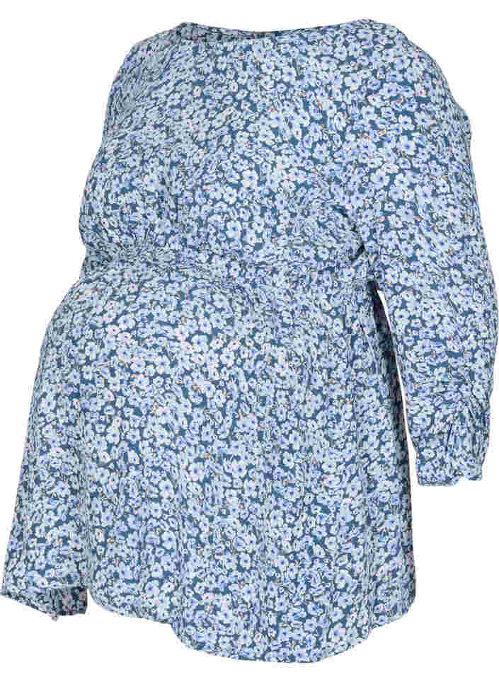 Maternity blouse in viscose and floral print, Blue Flower AOP, Packshot