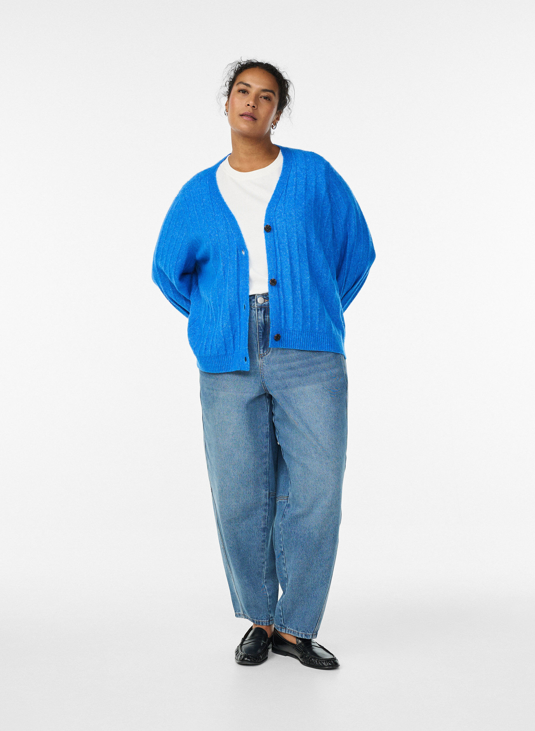 Zizzifashion Cardigan with a ribbed texture and balloon sleeves, Light Blue, Model image number 1