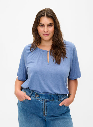 Melange blouse with short sleeves, Moonlight Blue Mel., Model image number 0