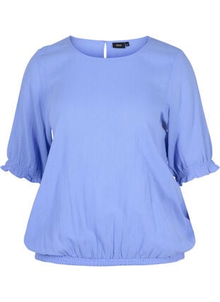 Short-sleeved cotton blouse with smock, Wedgewood, Packshot image number 0