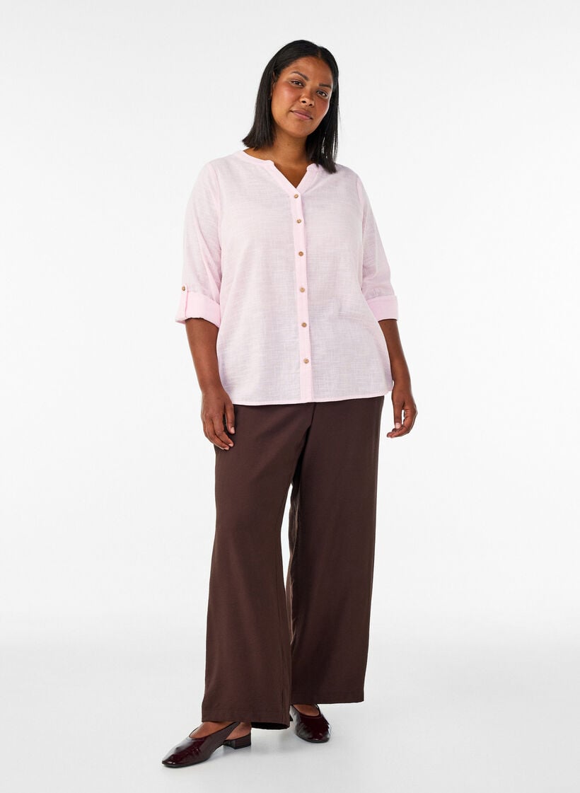 Cotton shirt blouse with a v-neck, Rose, Model image number 1