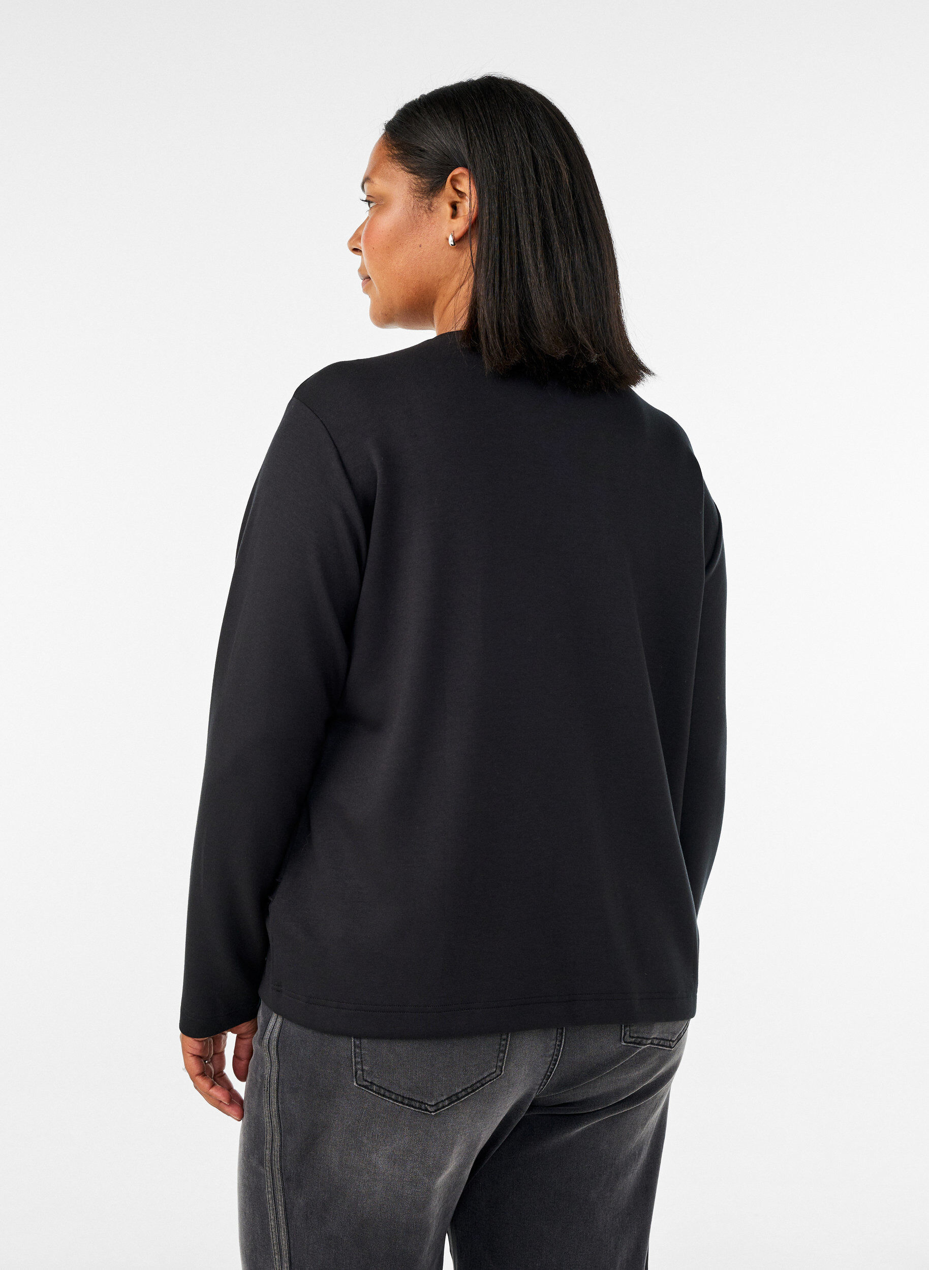 ZizzifashionJersey blouse with a diagonal ruffle detail, Black, Model image number 2