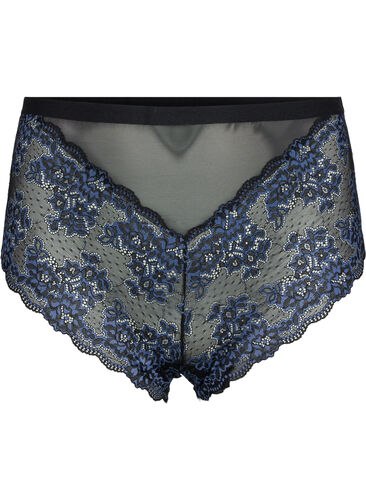 Lace knickers with high waist, Black w. blue lace, Packshot image number 0