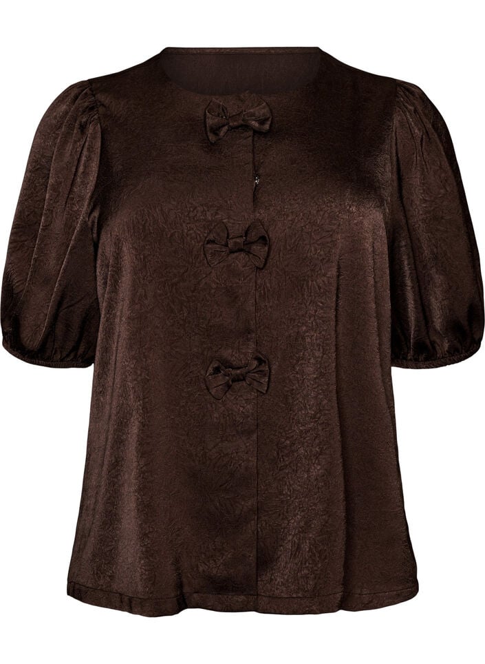 Satin blouse with bows and elbow-length sleeves, Brown, Packshot image number 0