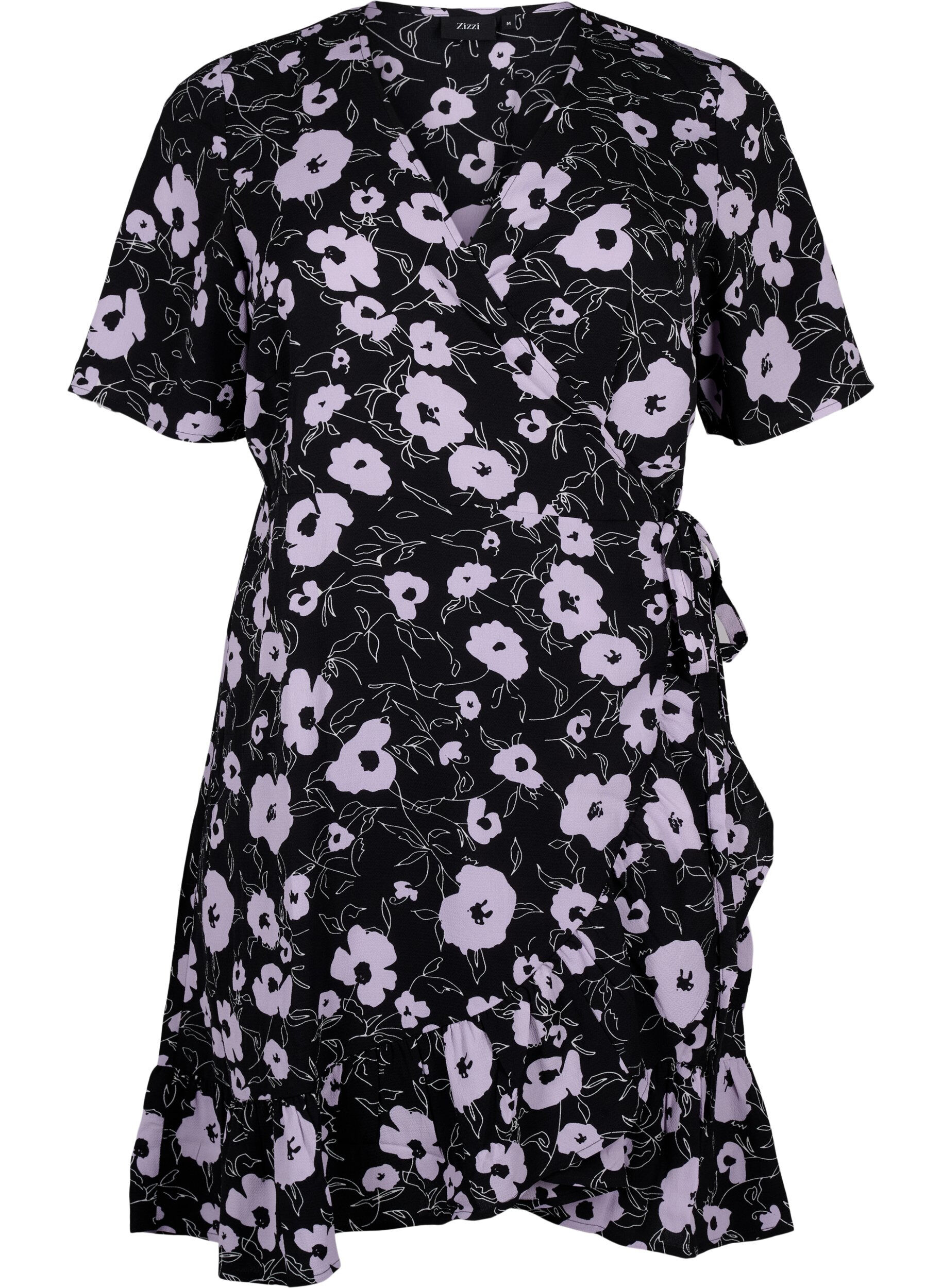 Zizzifashion Floral wrap dress with short sleeves, Black, Packshot image number 0