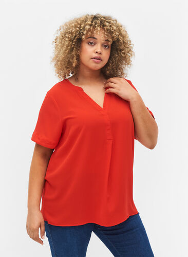 Short-sleeved blouse with v-neckline, Fiery Red, Model image number 0
